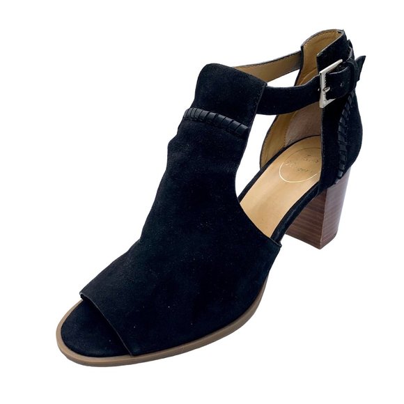 Jack Rogers Cameron Suede T-Strap Bootie Block Heel Open Toe Cut Out Black 10 - Picture 2 of 10